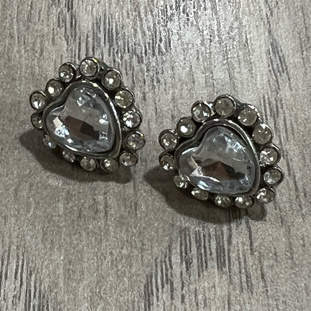 Vintage Silver Tone Rhinestone Heart Pierced Earrings